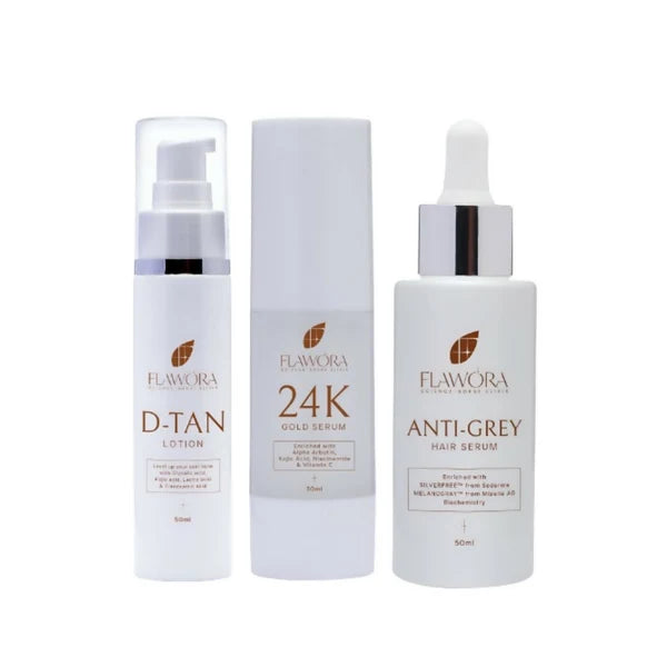 Flawora Set of Anti-Grey Hair Serum, D-Tan Lotion and Gold Face Serum - combo