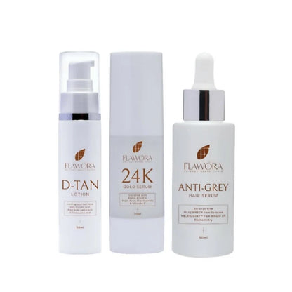 Flawora Set of Anti-Grey Hair Serum, D-Tan Lotion and Gold Face Serum - combo