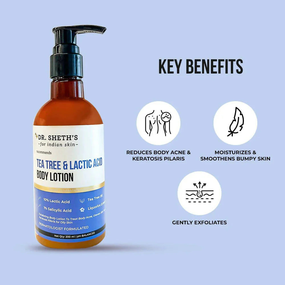 Dr. Sheth's Tea Tree & Lactic Acid Body Lotion - Ph Balanced, To Reduce Body Acne, Uneven Skin Tone