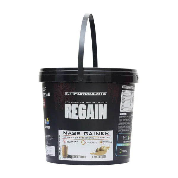 Reformulate Regain I Mass Gainer with Added Pre and Pro Biotics I 364 Energy | 1.5 Creatine - Cold Coffee & Malai Kulfi - 5 kg
