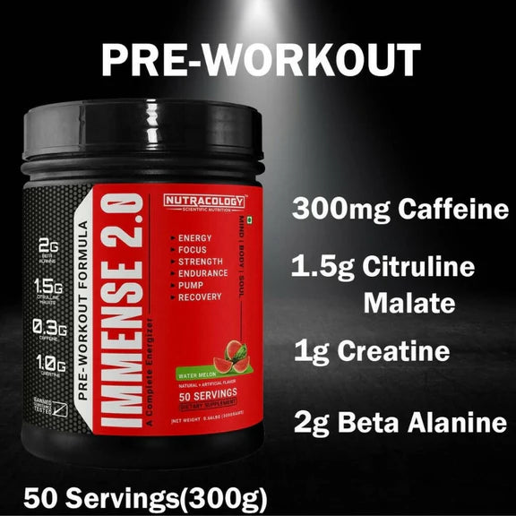 Nutracology Immense 2.0 Pre-Workout For Performance Strength & Energy Boost - 300 gm - Watermelon