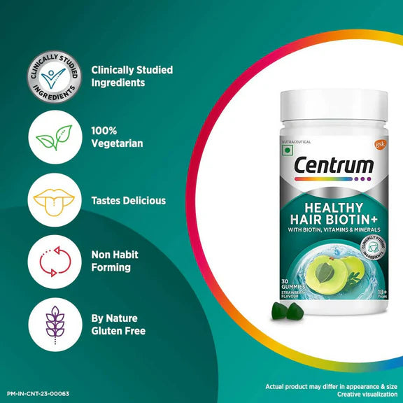Centrum Healthy Hair Biotin+ Gummies - Strawberry Flavor - 30 gummies