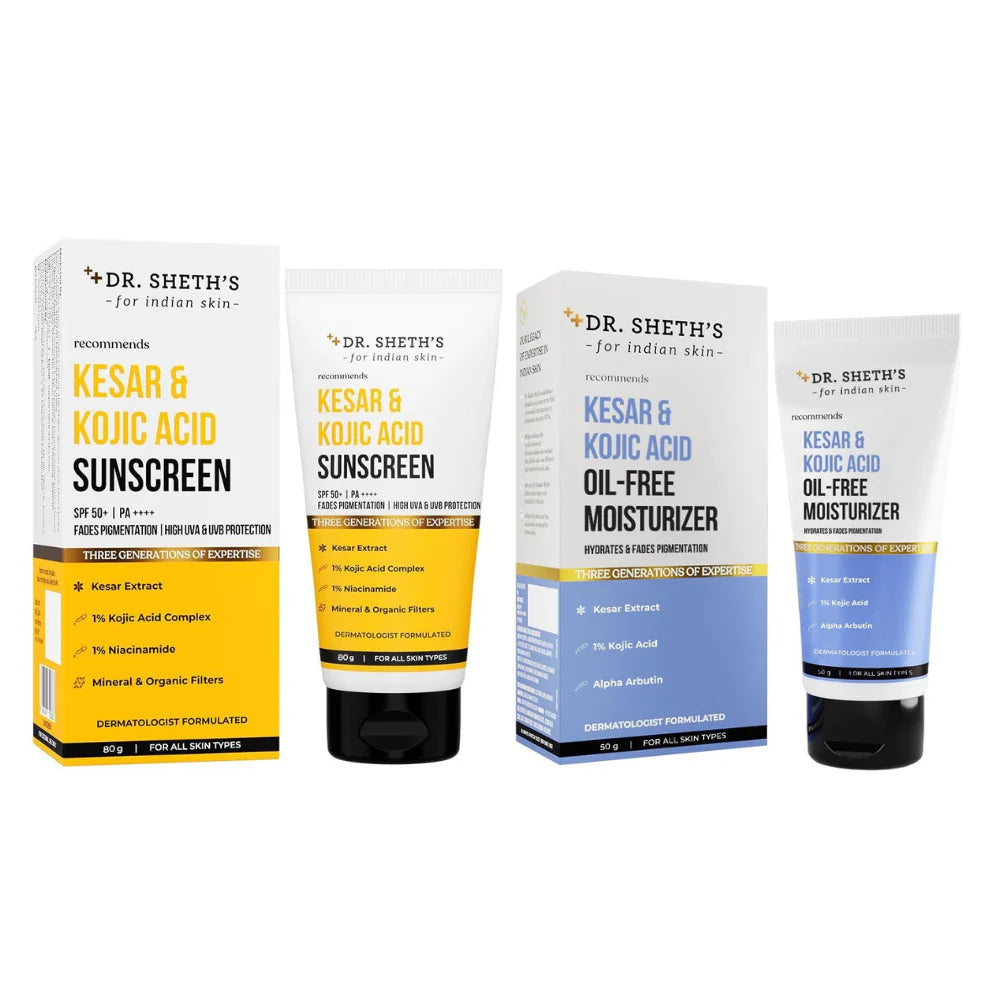 Dr. Sheth's Kesar & Kojic Acid Sunscreen & Oil-Free Moisturizer Combo - Hydrates & Fades Pigmentation