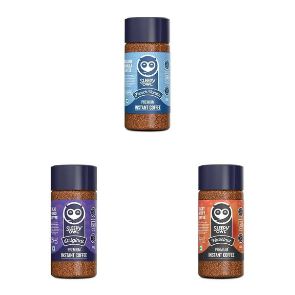 Sleepy Owl Premium Instant Coffee Original, French Vanilla, Hazelnut Combo - combo