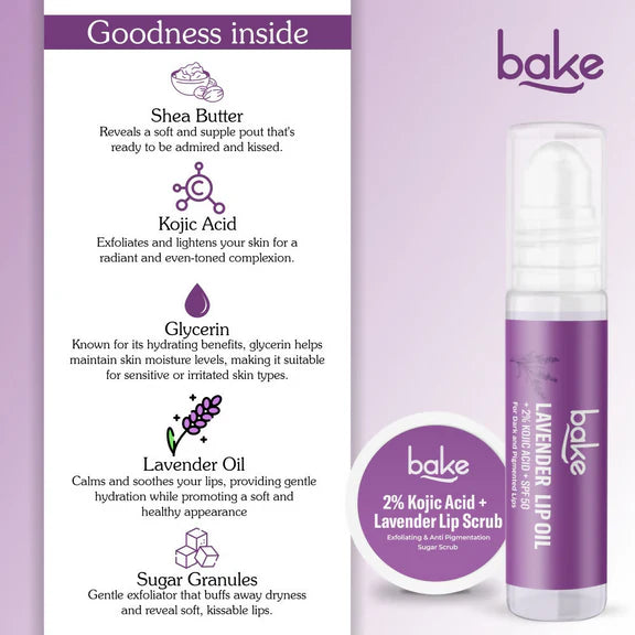 Bake Kojic Acid Lavender Lip Kit With Lip Balm SPF 50 & Lip Scrub For Dark & Pigmented Lips - combo