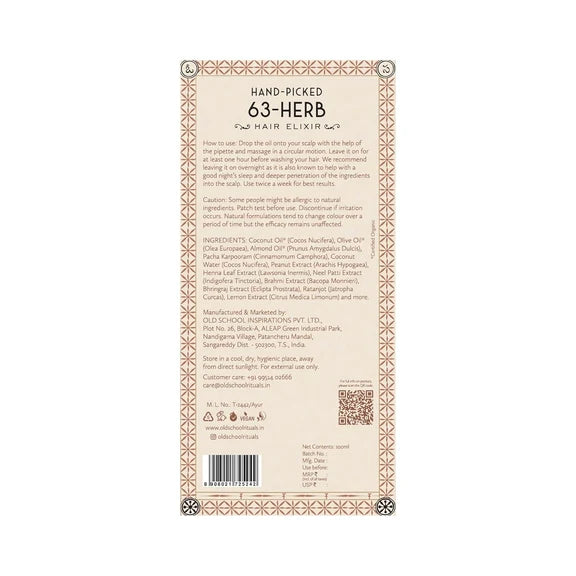 Old School Rituals 63-Herb Hair Elixir All-Natural Hair Oil For Growth Of Strong & Healthy Hair - 100 ml