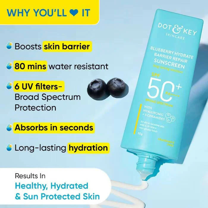 Dot & Key Blueberry Hydrating Barrier Repair Face Sunscreen SPF 50+,PA++++ With Hyaluronic & 5 Ceramides - 50 gm