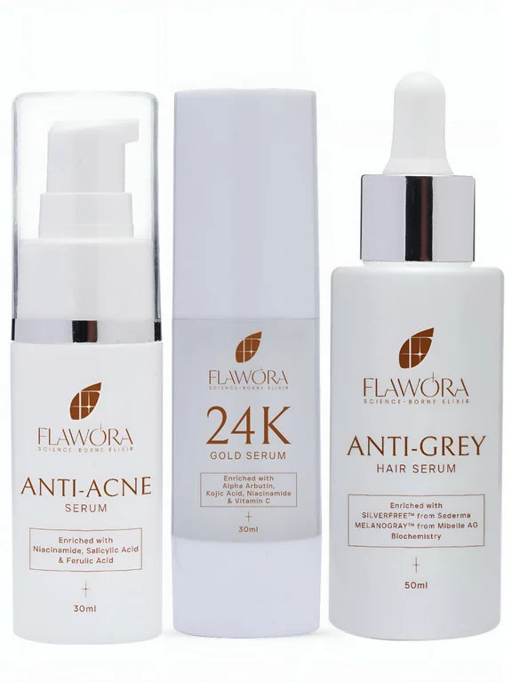 Flawora Set of Anti-Grey Hair Serum, Anti Acne Serum and Golden Glow Face Serum - combo