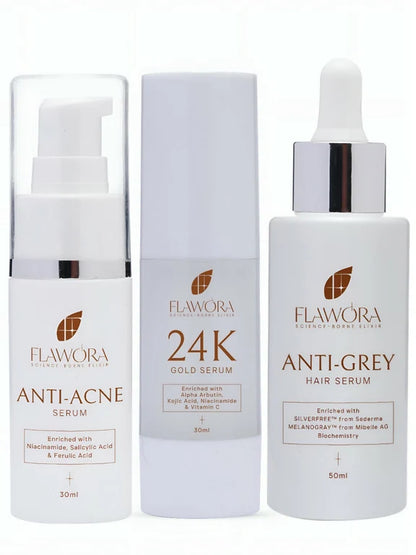 Flawora Set of Anti-Grey Hair Serum, Anti Acne Serum and Golden Glow Face Serum - combo