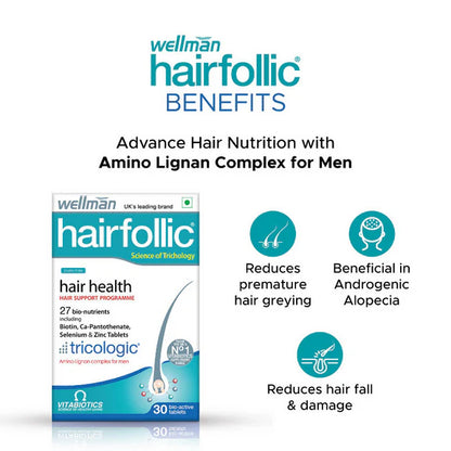 Wellman Hairfollic UK's No.1 Hair Supplement Tablets For Men ( Tricologic Formula 30 Vitamins & Minerals) - 30 tabs