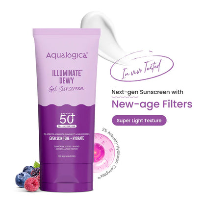 Aqualogica Illuminate+ Dewy Sunscreen SPF 50+ PA++++ with Wild Berries & Alpha Arbutin, Protection Against Uva/B & Blue Light Protection