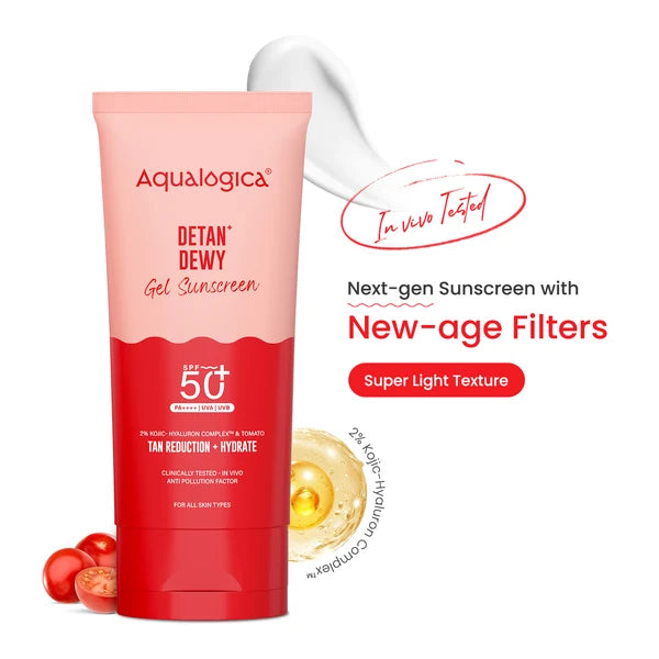 Aqualogica Detan+ Dewy Gel Sunscreen SPF 50+ PA++++ with 2% Kojic-Hyaluron Complex™ & Wild Berries