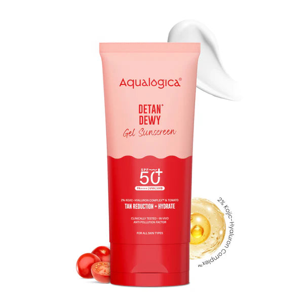 Aqualogica Detan+ Dewy Gel Sunscreen SPF 50+ PA++++ with 2% Kojic-Hyaluron Complex™ & Wild Berries