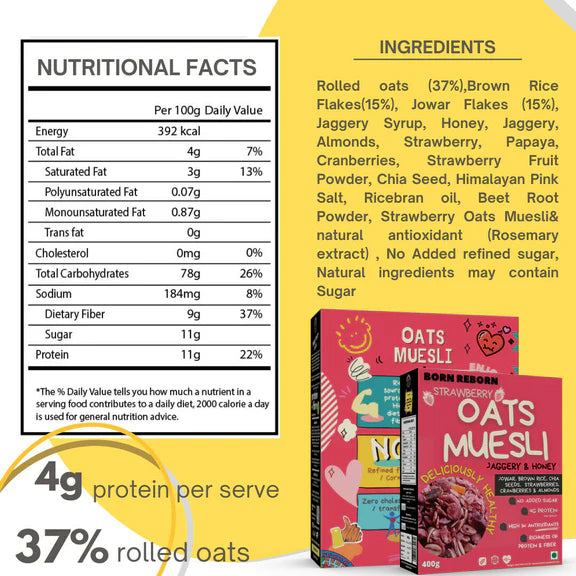 Born Reborn Strawberry Oats & Millets Muesli with Honey and Jaggery - 400 gm