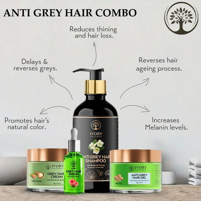 Ivory Natural Grey Hair Advanced Combo (Serum, Shampoo, Cream & Gel) For Both Men & Women - combo