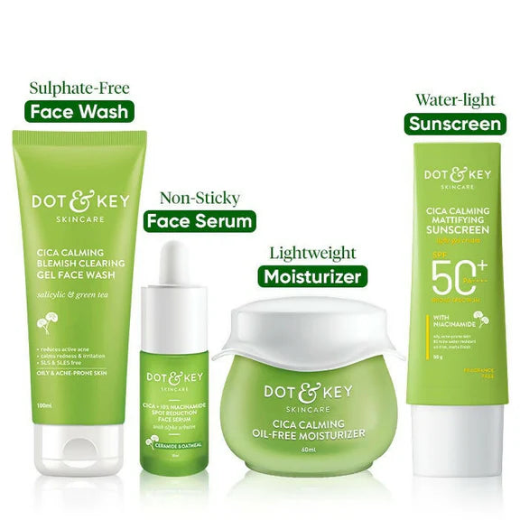 Dot & Key Cica + Niacinamide C + E CSMS (Cleanser, Serum, Moisturizer, Sunscreen) Routine for Oily & Acne Prone Skin - combo