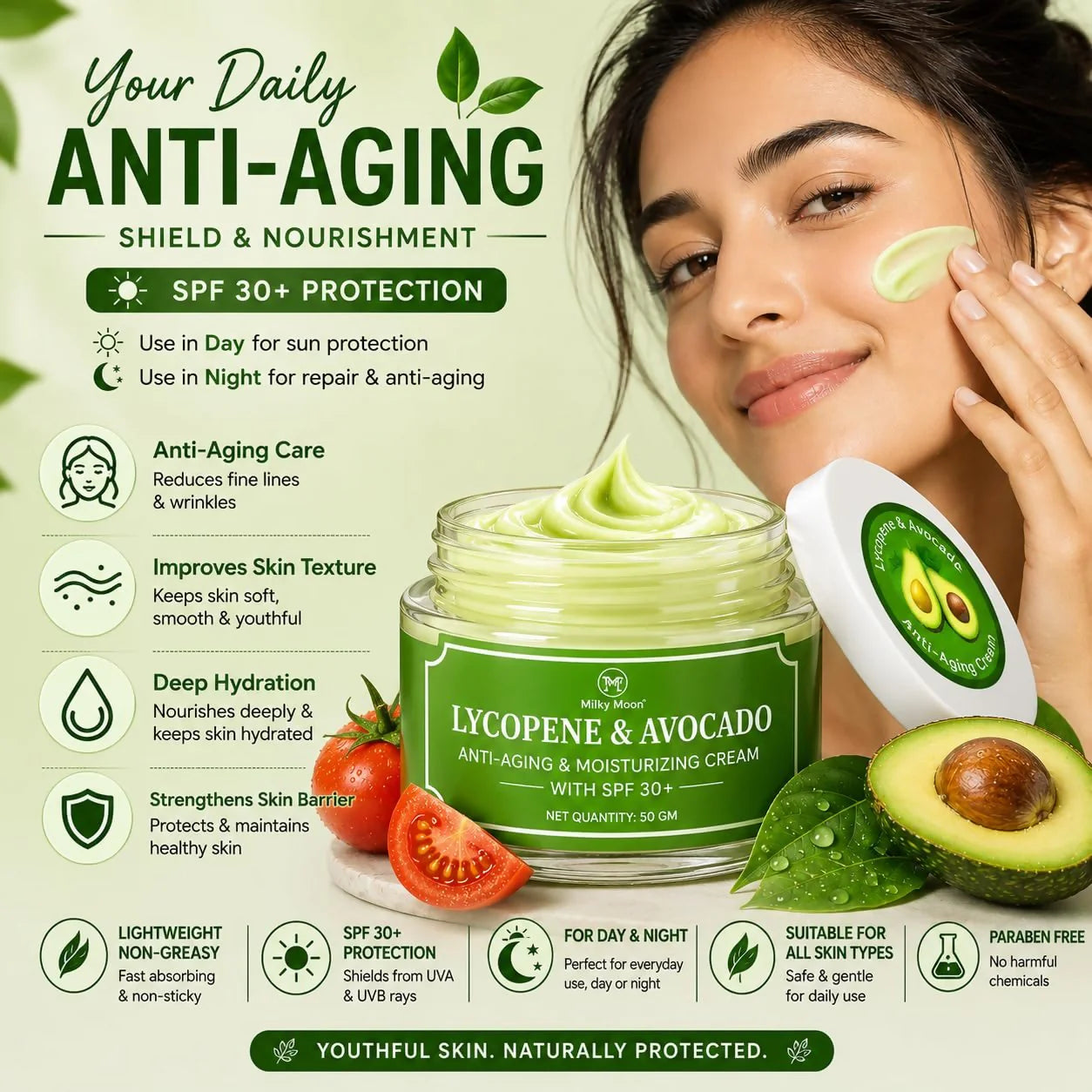 Milky Moon Lycopene & Avocado Anti-Aging & Moisturizing Cream with SPF 30 - 50 gm