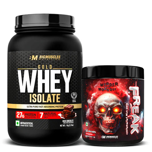 Big Muscles Nutrition Gold Whey Isolate & Freak Combo - 1 kg & 16 Serving - Rich Chocolate & Sob