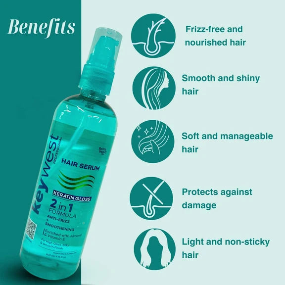Keywest Professional Keratin Gloss Hair Serum - 2in1 Formula Anti-Frizz + Smoothening - 200 ml