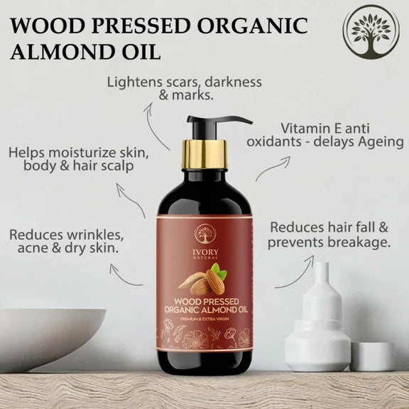 Ivory Natural Wood Pressed Organic Almond Oil , Premium Extra Virgin Oil - For Radiant Skin, Hair Wellness - 175 ml