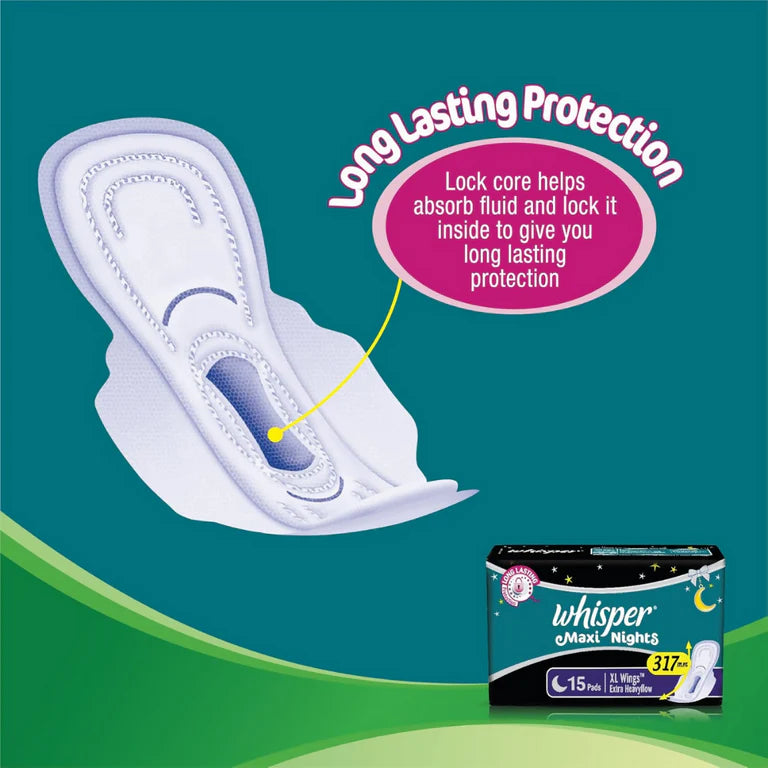 Whisper Maxi Nights Sanitary Pads for Women, XL - 15 Pieces