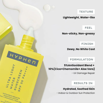 Hyphen By Kriti Sanon Ultra Light Water Sunscreen SPF 50 PA++++ UVA-UVB & Blue Light Protection, No White Cast, For Men & Women - 50 ml