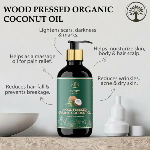 Ivory Natural Wood Pressed Organic Coconut Oil , Premium Extra Virgin Oil - For Radiant Skin, Hair Wellness & Baby Care - 200 ml