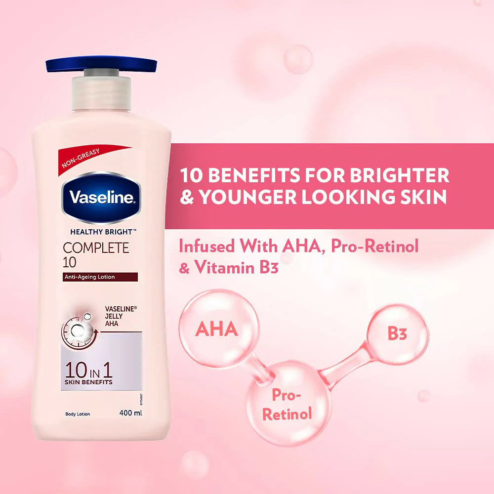 Vaseline Healthy Bright Complete 10 Anti Ageing Body Lotion, 10 in 1 Body Lotion With Vitamin B3, AHA, Pro-Retinol