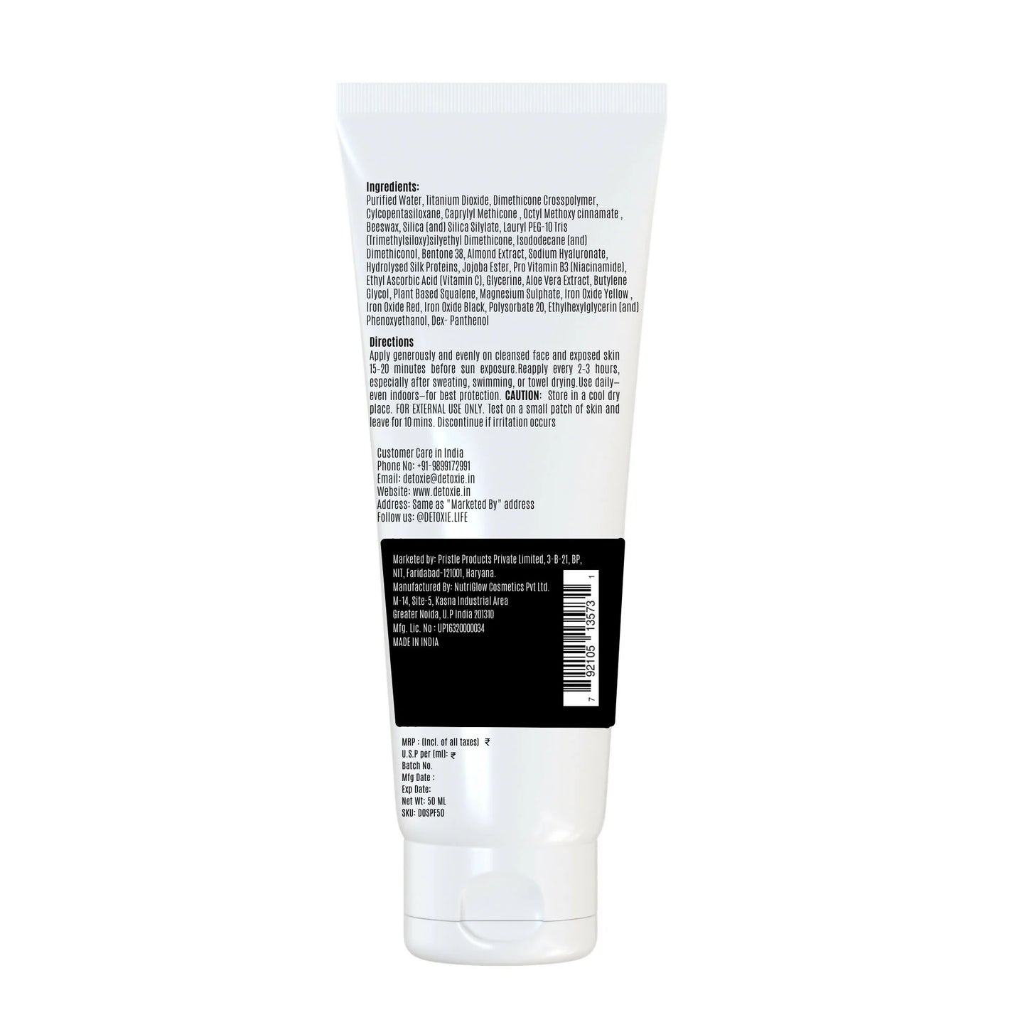 Detoxie Squalene & Silk Protiens SPF50 Sunscreen Gel For All Skin Types - 50 ml - Pack of 1