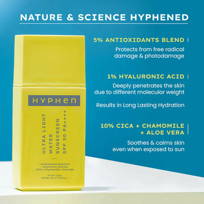 Hyphen By Kriti Sanon Ultra Light Water Sunscreen SPF 50 PA++++ UVA-UVB & Blue Light Protection, No White Cast, For Men & Women - 50 ml
