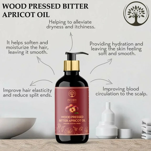 Ivory Natural Wood Pressed Bitter Apricot Oil Organic & Extra Virgin For Deep Moisturization, Gentle Hydration, And Youthful Glow - 200 ml
