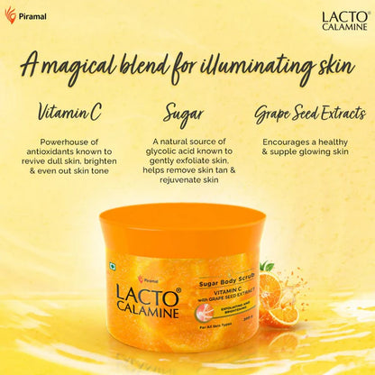 Lacto Calamine Vitamin C Sugar Body Scrub, Mild Exfoliation+Glowing Skin Scrub - 200 gm