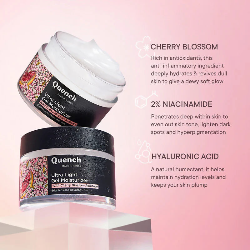 Quench Ultra Light Gel Moisturizer With 2% Niacinamide & Cherry Blossom For Intense Brightening - 50 ml