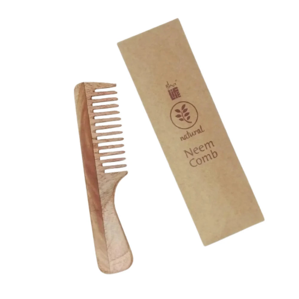 Isha Life Handmade Neem Wood Comb With Handle (Wider Teeth)