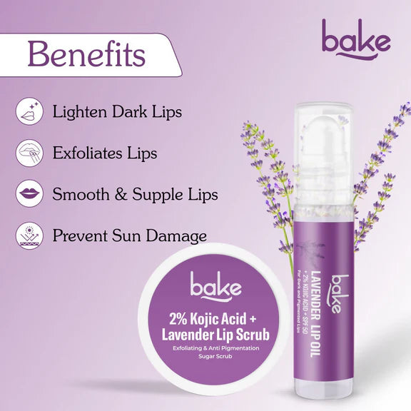 Bake Kojic Acid Lavender Lip Kit With Lip Balm SPF 50 & Lip Scrub For Dark & Pigmented Lips - combo