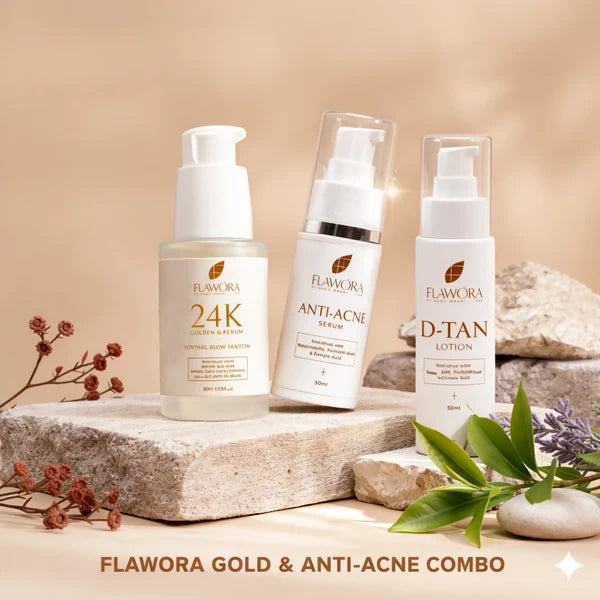 Flawora Set of D-Tan Lotion, Anti Acne Serum and Golden Glow Face Serum - combo