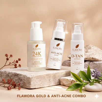 Flawora Set of D-Tan Lotion, Anti Acne Serum and Golden Glow Face Serum - combo