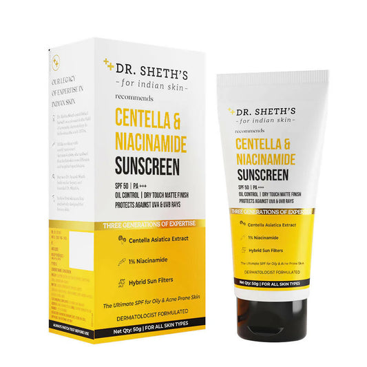 Dr. Sheth's Centella & Niacinamide Sunscreen SPF 50 PA+++ For Oily & Acne-Prone Skin Protects Against Uva & Uvb Rays