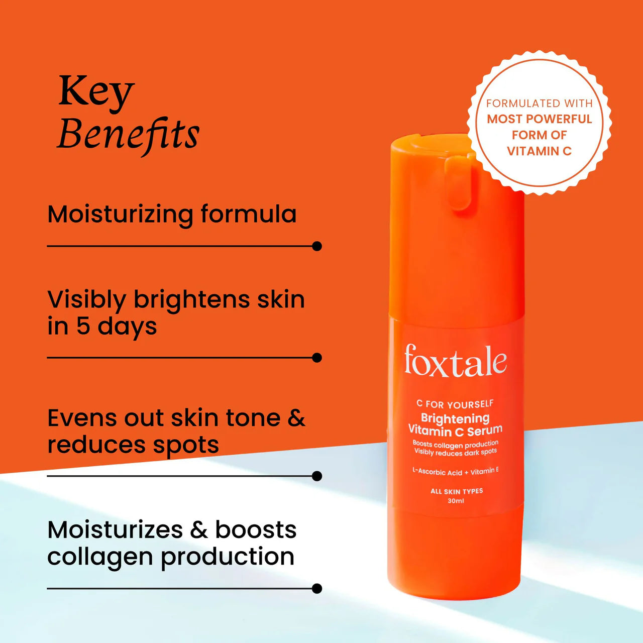 Foxtale Brightening 15% Vitamin C Face Serum With L-Ascorbic Acid And Vitamin E For Glowing Skin For Dark Spots