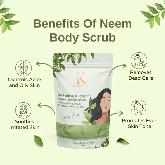 Kimayra Natural Neem Skin Purifying Face & Body Scrub For Acne, Pimple-Free Clear Skin - 80 gm