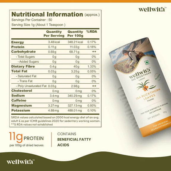 Wellwith Sea Buckthorn Raw Leaves Tea - Himalayan Herbal Leaf Tea - 50 gm