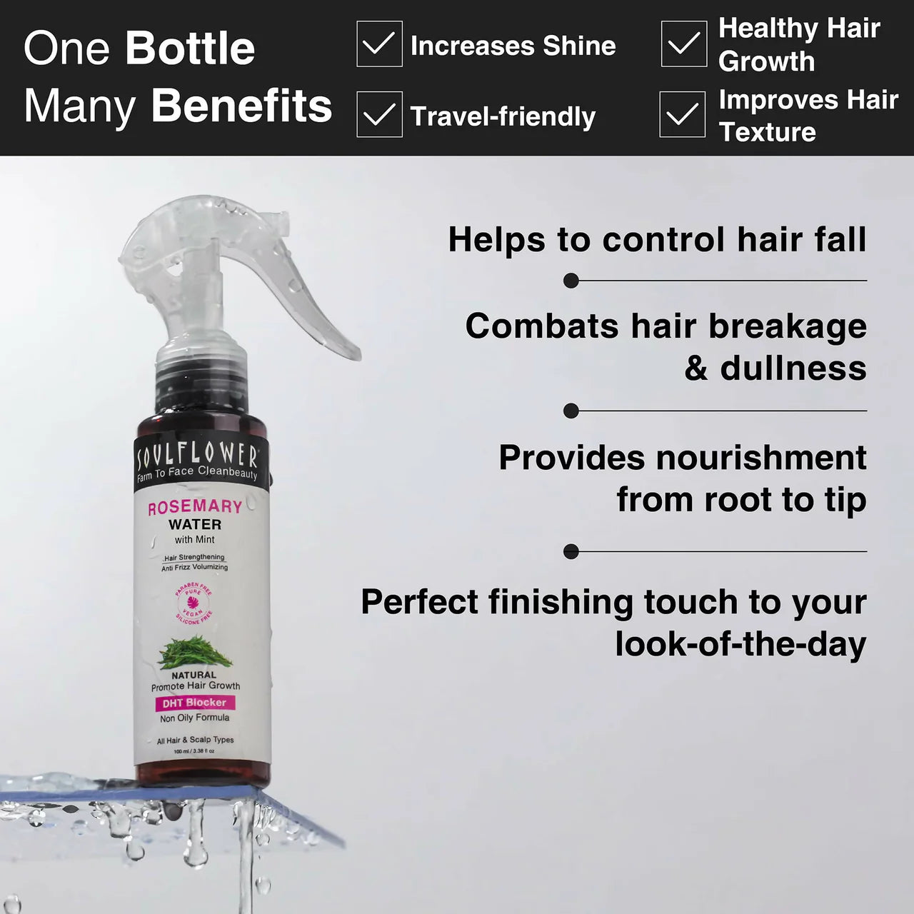 Soulflower Rosemary Water Spray with Mint For Hair growth, Hair fall control, Scalp health, Hair damage protection, Anti frizz