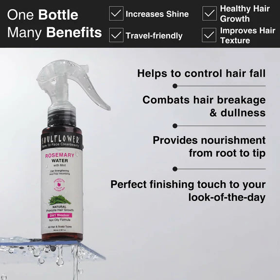 Soulflower Rosemary Water Spray with Mint For Hair growth, Hair fall control, Scalp health, Hair damage protection, Anti frizz - 100 ml