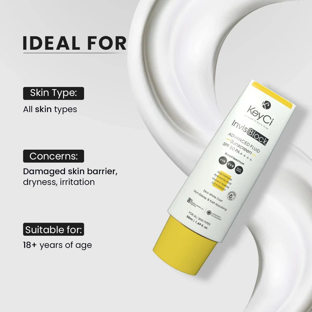 KeyCi InvisiBlock Advanced Fluid Sunscreen SPF 50 PA++++ | 50ml | Niacinamide & Cica sunscreen  ✓ View Product Certificate