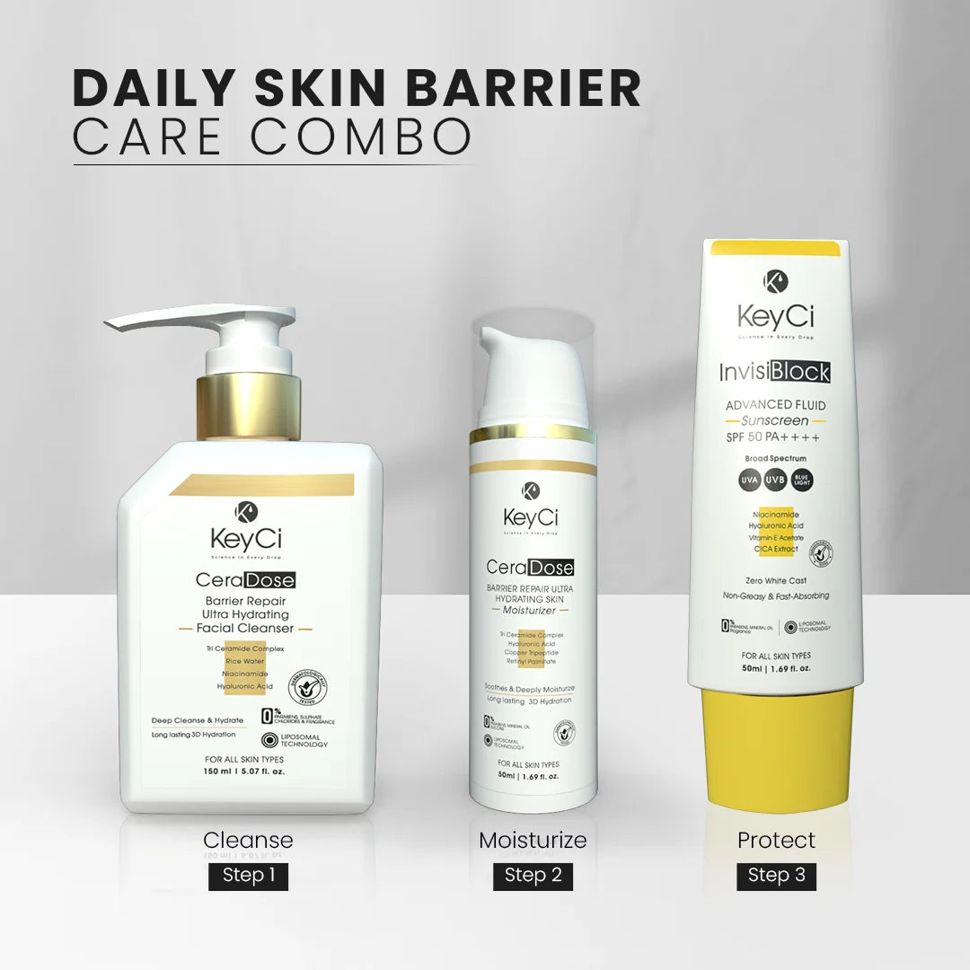 KeyCi Daily Skin Barrier Care Combo | Cleanser 150ml + Moisturizer 50ml + Sunscreen 50ml | Pack of 3
