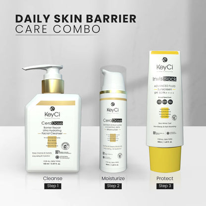 KeyCi Daily Skin Barrier Care Combo | Cleanser 150ml + Moisturizer 50ml + Sunscreen 50ml | Pack of 3