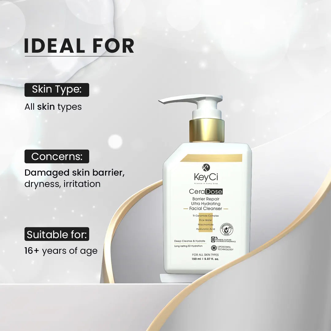 KeyCi CeraDose Barrier Repair Ultra Hydrating Facial Cleanser 150ml | Rice Water & Ceramides Facial Cleanser