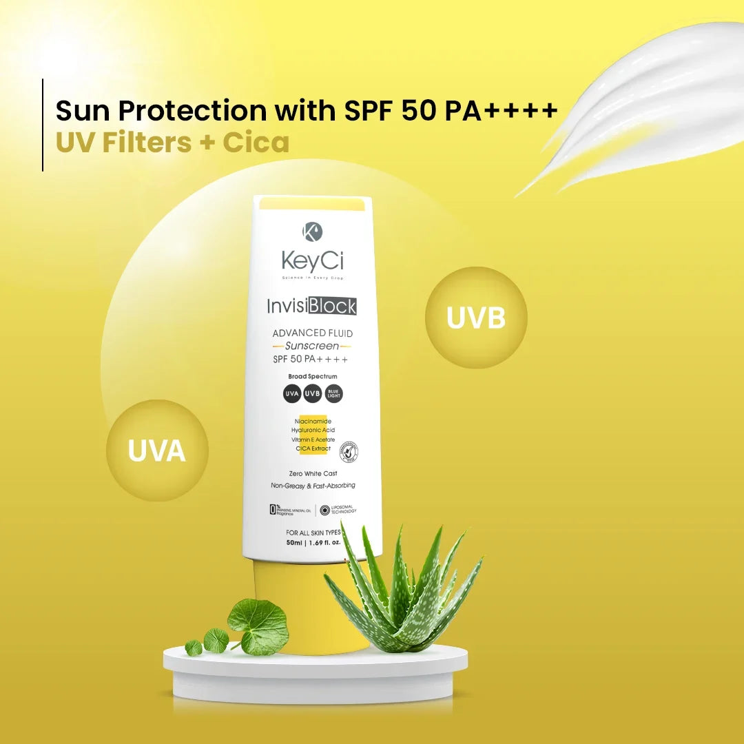 KeyCi InvisiBlock Advanced Fluid Sunscreen SPF 50 PA++++ | 50ml | Niacinamide & Cica sunscreen  ✓ View Product Certificate