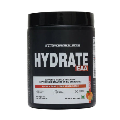 Reformulate Hydrate EAA I Supports Muscle Recovery | Zero Added Sugar | Improved Focus I Fluid Balance - Orange - 300 gm