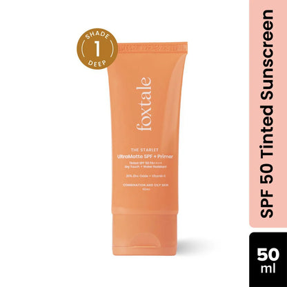 Foxtale Tinted Sunscreen SPF 50 PA++++ & Primer Shade 1 - Deep, Water Resistant with Dry-Touch Finish, Blurs Out Pores -